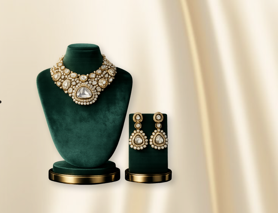 Polki bridal set on emerald-velvet bust against silk drape